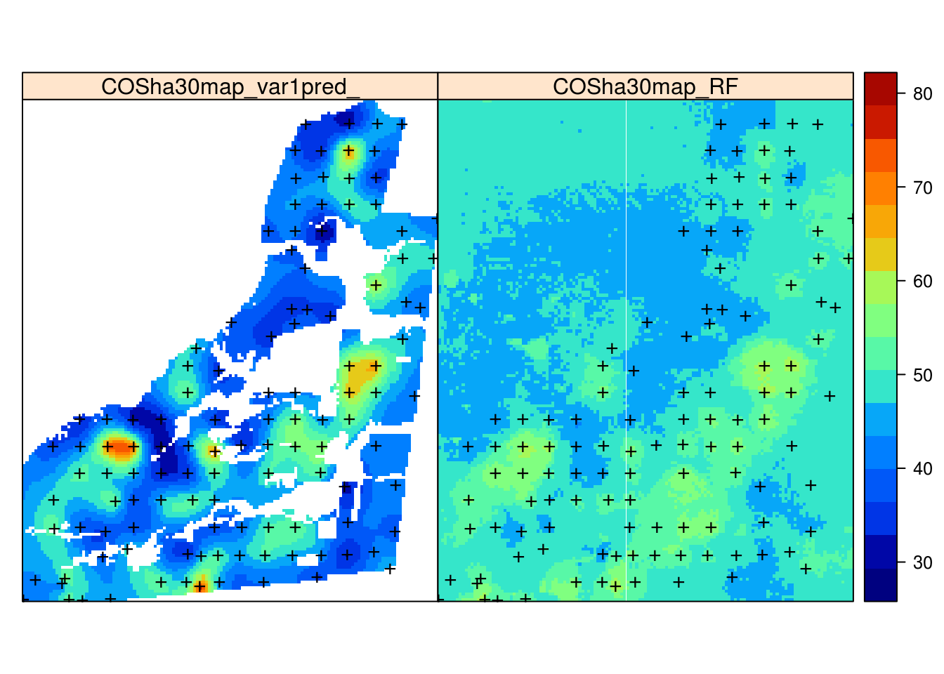 Comparison of predictions generated using ordinary kriging (left) and machine learning with the help of 30 m resolution covariates and buffer distances (right).