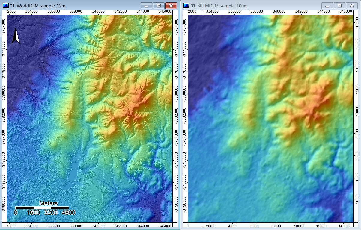Evolution of global DEM data sources: (right) SRTM DEM at 100 m released in 2002, as compared to (left) WorldDEM at 12 m released in 2014 (Baade et al., 2014). Sample data set for city of Quorn in South Australia. As with many digital technologies, the level of detail and accuracy of GIS and remote sensing data is exhibiting exponential growth.