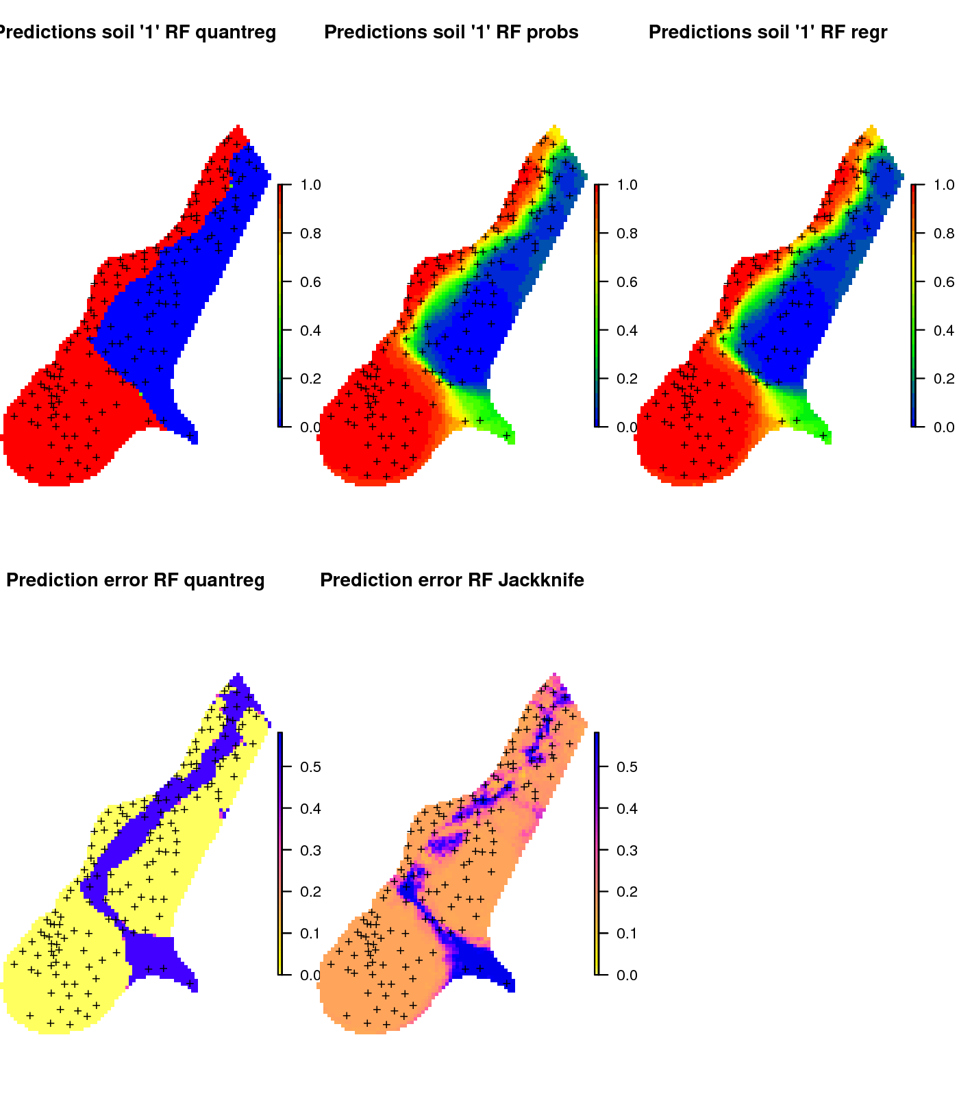 Comparison of predictions for soil class “1” produced using (left) regression and prediction of the median value, (middle) regression and prediction of response value, and (right) classification with probabilities.