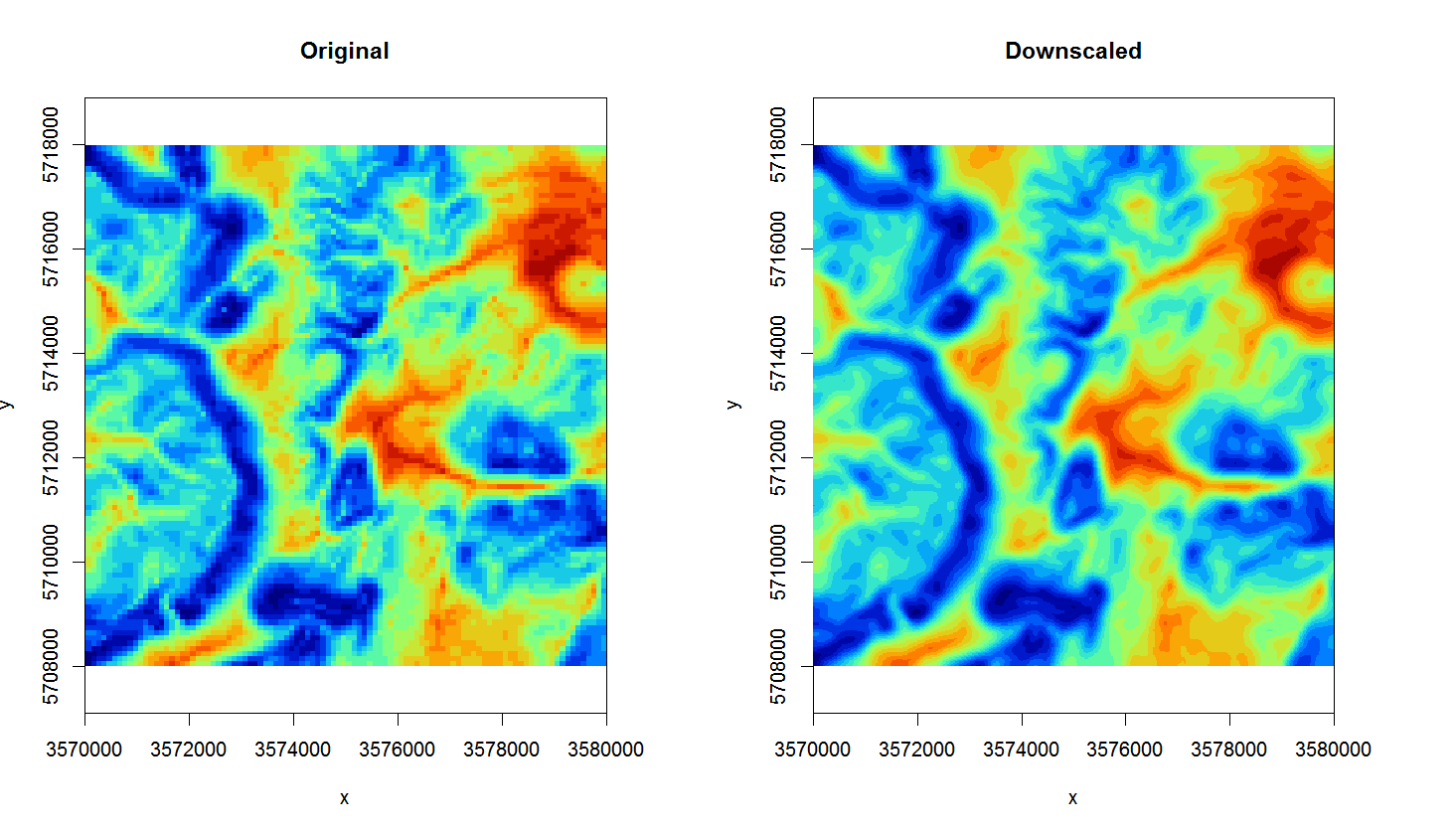 Original TWI vs downscaled map from 100 m to 25 m.